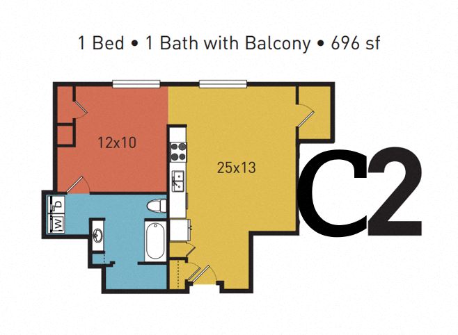 Floor plan for 1 bed, 1 bath, 696 sqft